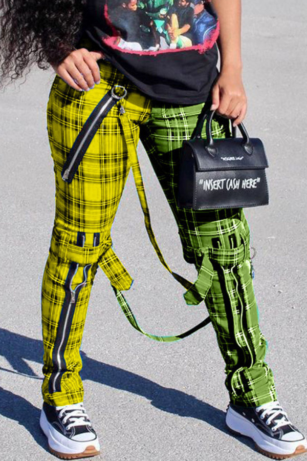 Yellow Casual Plaid Straight High Waist Bottoms