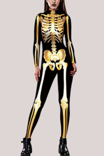 Gold Fashion Party Adult Polyester Print Split Joint O Neck Skinny Jumpsuits
