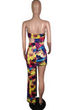 Multi-color Polyester Fashion Sexy Off The Shoulder Sleeveless Wrapped chest Step Skirt Mini asymmetrical Print