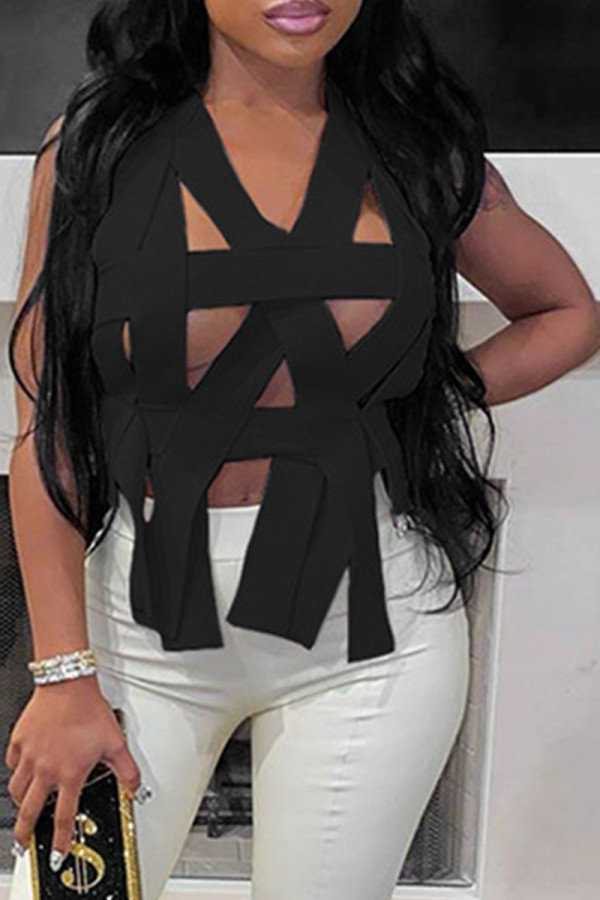 Black Sexy Patchwork Solid Hollowed Out Backless V Neck Tops