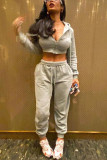 Grey Sportswear Solid Patchwork Hooded Collar Long Sleeve Two Pieces