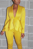 Yellow Sexy Adult Polyester Solid Turn-back Collar Long Sleeve Regular Sleeve Regular Two Pieces
