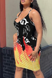 White Fashion Sexy Print Backless Spaghetti Strap Sleeveless Dress