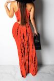 Orange Sexy Fashion Tank Sleeveless O neck Step Skirt Floor-Length Patchwork Print