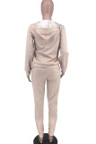 Khaki Fashion Casual Adult Print Split Joint Hooded Collar Long Sleeve Regular Sleeve Regular Two Pieces