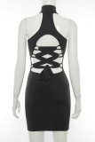 Black Sexy Solid Bandage Patchwork Frenulum Backless Halter Off The Shoulder Dresses Dresses