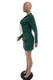 Dark green Polyester Fashion adult Sexy Cap Sleeve Long Sleeves Mandarin Collar Hip skirt Mini Patchwork bandag