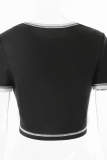 Black Casual Solid Patchwork O Neck Tops