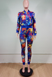 Blue Sexy Print Split Joint Zipper Collar Long Sleeve Two Pieces