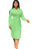 Green Casual Shirt sleeves Long Sleeves Notched Step Skirt Mid-Calf Patchwork Solid