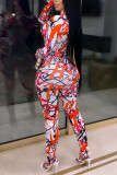 Yellow Casual Print O Neck Regular Jumpsuits