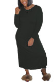 Black Polyester Fashion Casual adult Ma'am Cap Sleeve Long Sleeves O neck Step Skirt Ankle-Length Solid Dresses