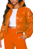Khaki Casual Faux Leather Solid Mandarin Collar Outerwear
