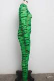 Green Sexy Print zipper Patchwork Polyester Long Sleeve O Neck