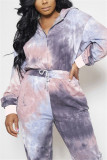 Blue Pink Fashion Casual Print Tie-dye Hooded Collar Long Sleeve Two Pieces