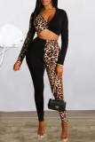 Black Sexy Leopard Patchwork V Neck Long Sleeve Two Pieces