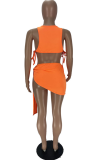 Tangerine Red Sexy Solid Patchwork U Neck Sleeveless Two Pieces