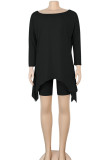 Black Cotton Sexy Patchwork Solid asymmetrical Straight Short Sleeve Two Pieces