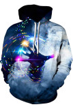 Blue Fashion Street Adult Polyester Print Split Joint Pullovers Hooded Collar Outerwear