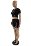 Blue Fashion Casual Letter Print Ripped O Neck Short Sleeve Two Pieces