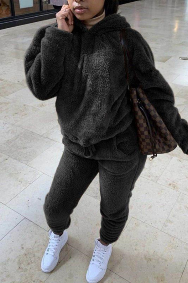 Black Fashion Casual Solid Basic Hooded Collar Long Sleeve Two Pieces