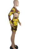 Yellow Network Sexy Cap Sleeve Long Sleeves O neck Step Skirt skirt Patchwork hollow out Print Long Sleeve