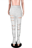 Grey Fashion Casual Solid Ripped Slit Fold Skinny Mid Waist Trousers