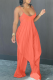 Tangerine Red Sexy Solid Patchwork Spaghetti Strap Sleeveless Two Pieces