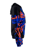 Black Street Print Draw String Hooded Collar Tops