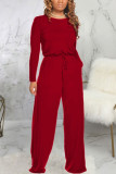 Black Fashion Sexy Adult Polyester Solid Draw String O Neck Loose Jumpsuits