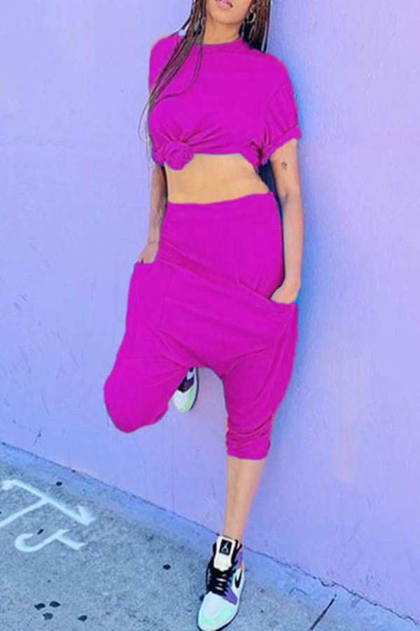 Rose Red Fashion Casual Solid Basic O Neck Short Sleeve Two Pieces