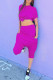 Rose Red Fashion Casual Solid Basic O Neck Short Sleeve Two Pieces