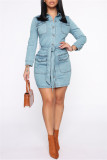 Blue Fashion Casual Solid Basic Turndown Collar Denim Dress