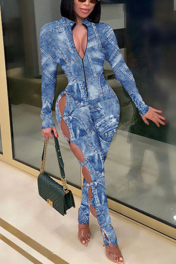 Blue Casual Print Without Belt O Neck Regular Jumpsuits