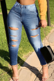 Dark Blue Casual Patchwork Ripped Plus Size Jeans