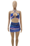 Blue Fashion Sexy Print Backless Halter Sleeveless Two Pieces