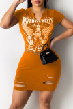 Cyan Fashion Sexy Print Ripped V Neck Short Sleeve Dress