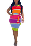 Multi-color Polyester Fashion adult OL Multi-color Cap Sleeve Short Sleeves O neck Step Skirt Knee-Length Striped Print Patchwork bandage backless hollow out Dresses
