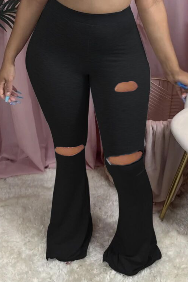 Black Sexy Solid Ripped Boot Cut Mid Waist Speaker Bottoms