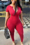 Pink Sexy Solid zipper Cotton Blend Short Sleeve O Neck Jumpsuits