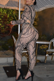 Black Sexy Print Patchwork V Neck Long Sleeve Two Pieces