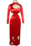 Red Polyester Sexy Cap Sleeve Long Sleeves Mandarin Collar Step Skirt Ankle-Length Solid