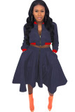 tangerine Casual Patchwork Zippered Solid Two Piece Suits A-line skirt Long Sleeve Two-Piece Dress