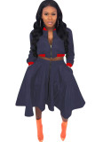 Dark green Casual Patchwork Zippered Solid Two Piece Suits A-line skirt Long Sleeve Two-Piece Dress
