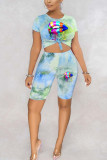 Turquoise Polyester Fashion adult England Ma'am Print Tie Dye Two Piece Suits pencil Short Sleeve Two Pieces
