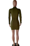 Army Green Polyester Sexy Cap Sleeve Long Sleeves Hooded Step Skirt Knee-Length chain Patchwork Solid