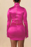 rose red Sexy Long Sleeves Turndown Collar Step Skirt Mini Solid Draped chain Dresses