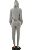 Grey Fashion Street Polyester Cotton Blends Letter Patchwork Print Split Joint Draw String Pocket Pullovers Pants Hooded Collar Long Sleeve Regular Sleeve Regular Two Pieces