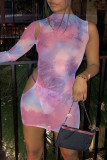 Pink Street Print Hollowed Out Patchwork See-through O Neck Pencil Skirt Dresses