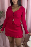 Red Fashion Casual adult Ma'am Solid Two Piece Suits A-line skirt Long Sleeve Two Pieces